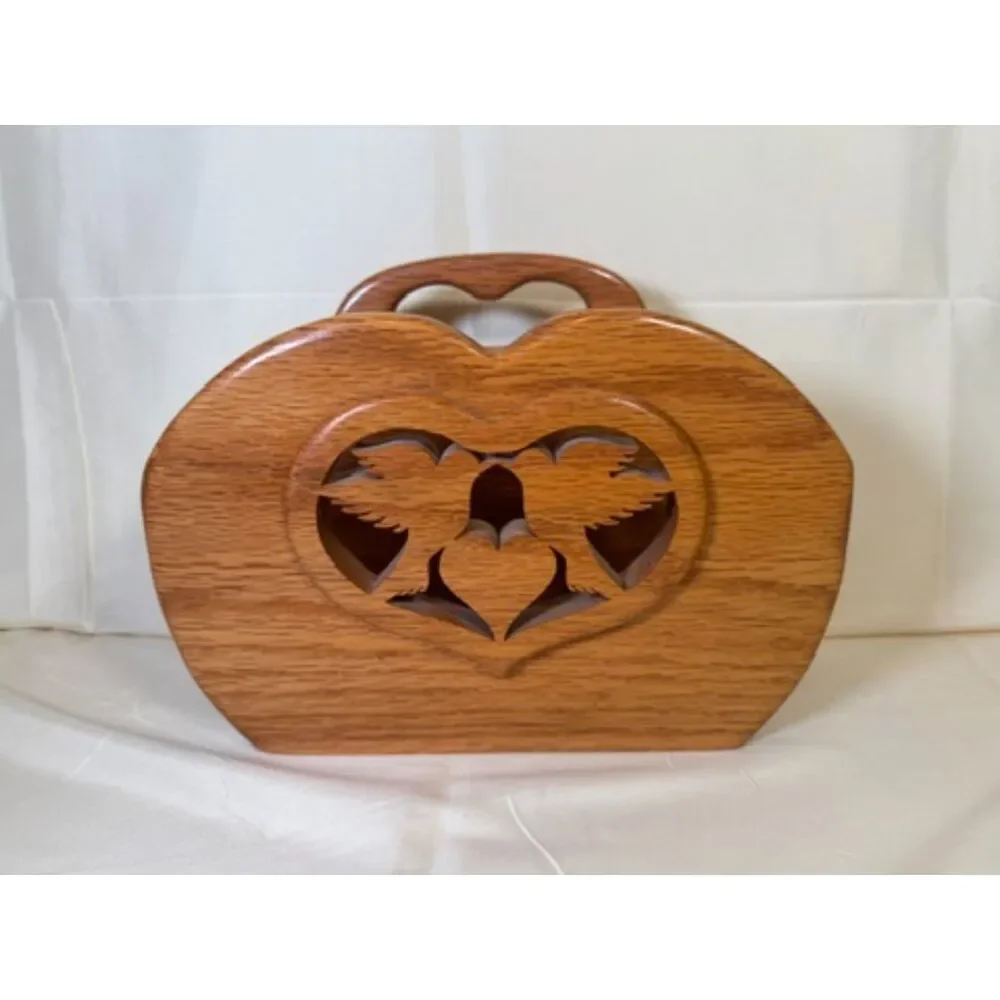 Vintage Oak Wood Hand Carved Love Birds Heart Napkin Letter Mail Holder Country